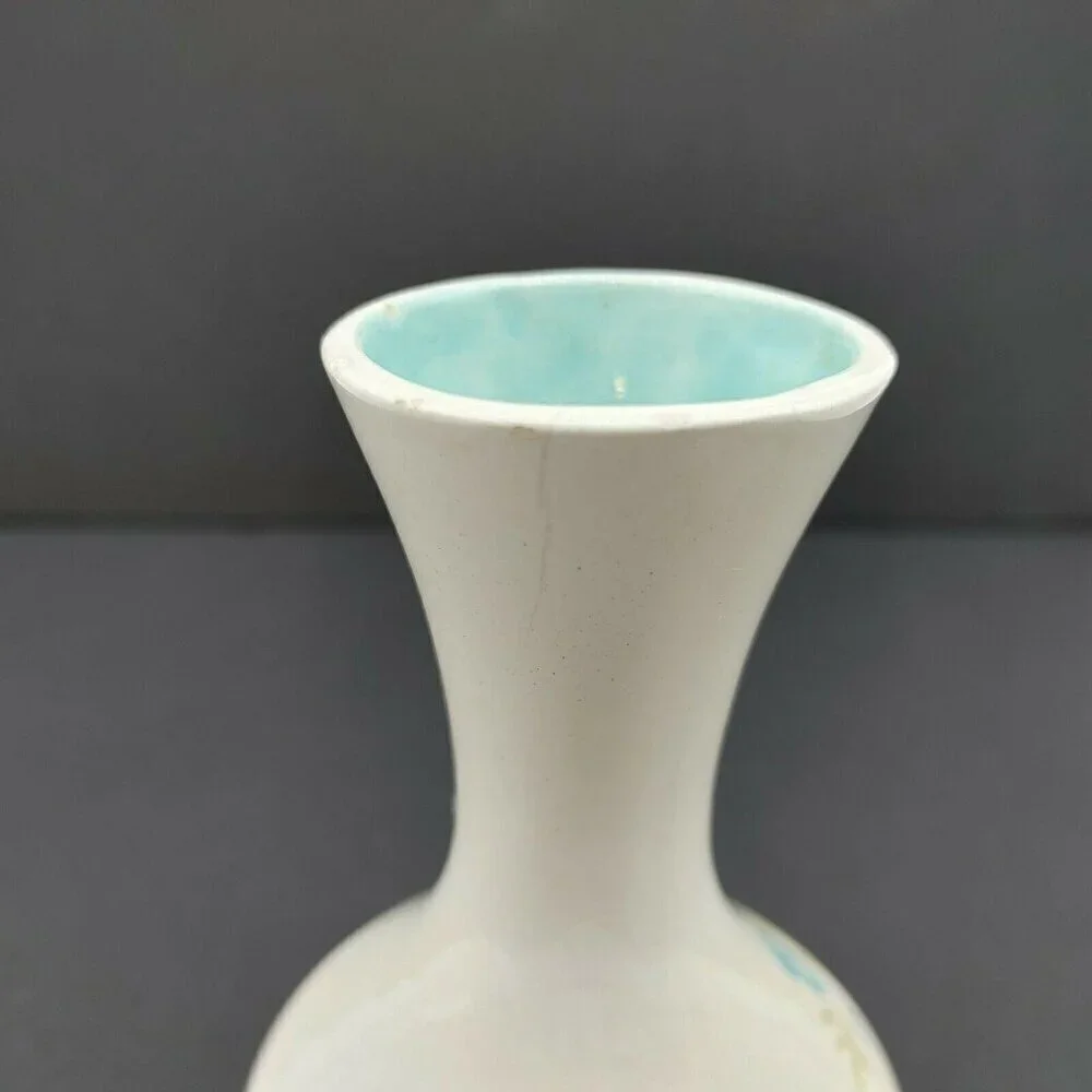 Ceramic Vase With Blue Floral Design & Turquoise Interior Marked Anna 1972 VTG